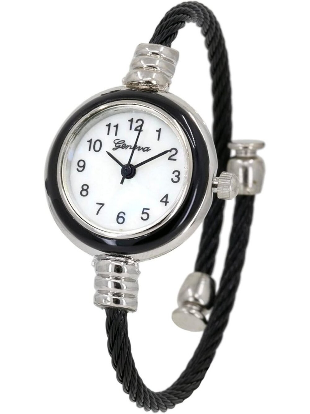 Women Black Silver Analog Quartz Elegant Cable Cuff Arabic Number Bracelet Watch